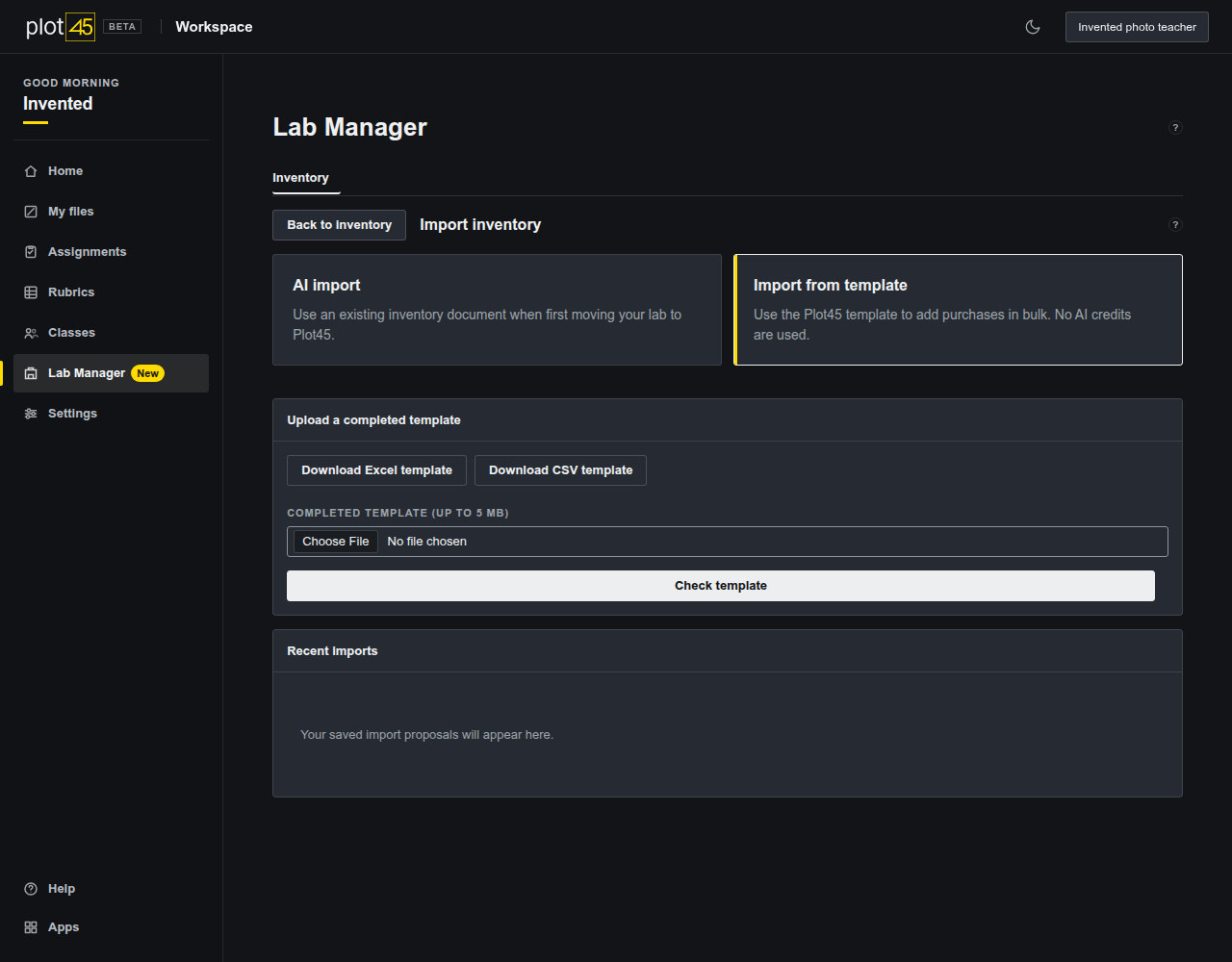 Lab Manager with AI import and Import from template choices, plus Excel and CSV template downloads.