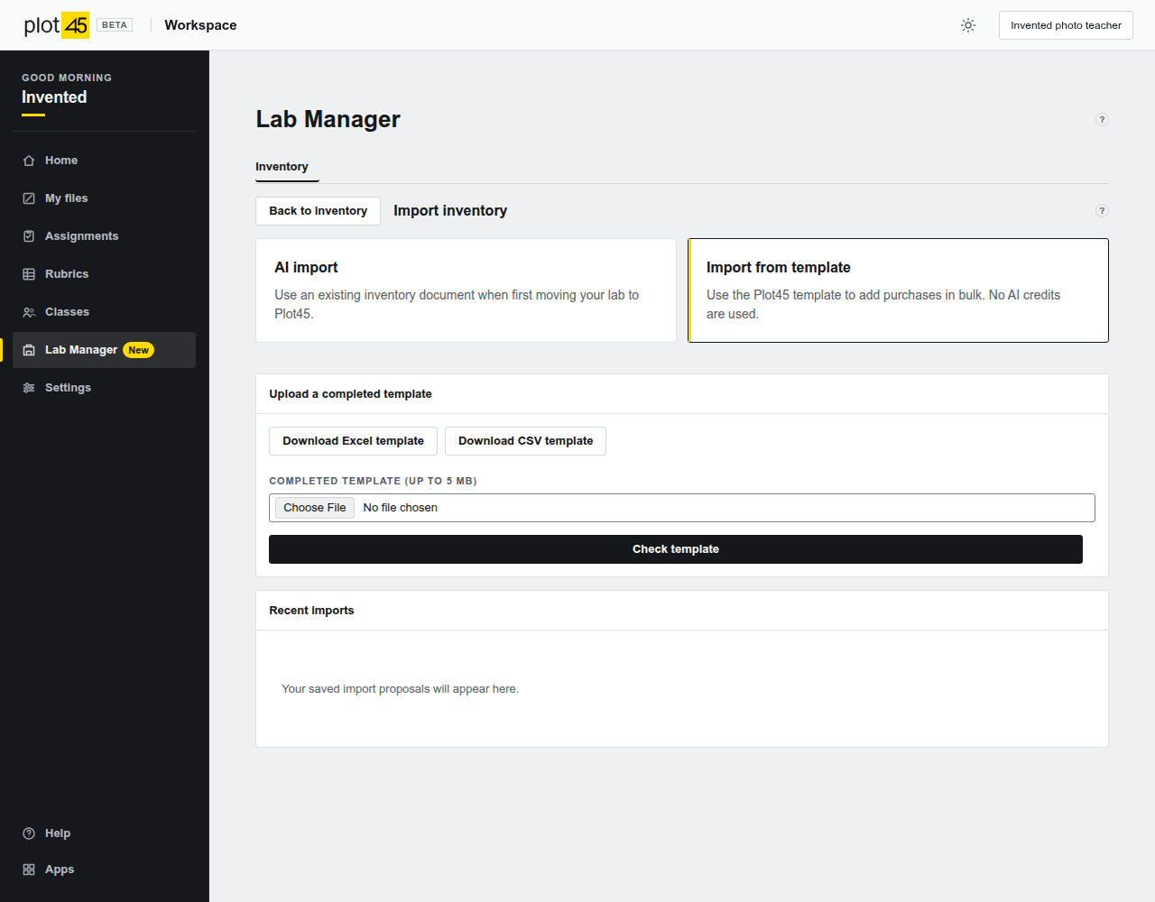 Lab Manager with AI import and Import from template choices, plus Excel and CSV template downloads.
