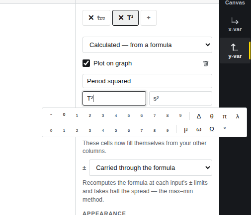 The character bar under a symbol field: superscript digits, subscript digits, and Greek letters.