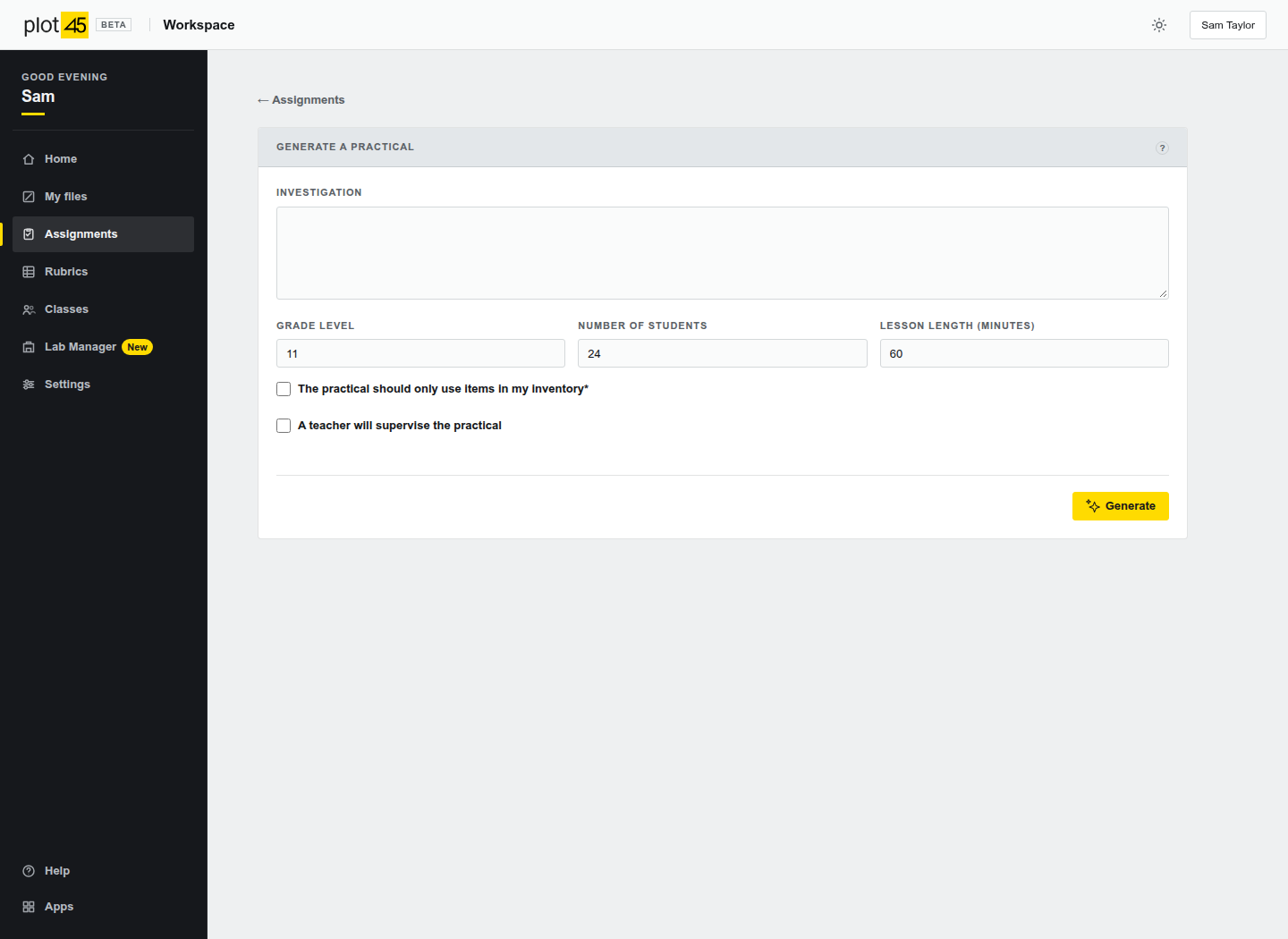 The Generate a practical form with grade level, number of students and optional inventory selection.