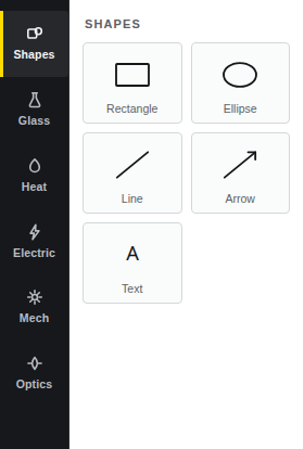 The palette's category rail: Shapes, Glass, Heat, Electric, Mech and Optics, with the Shapes set open.