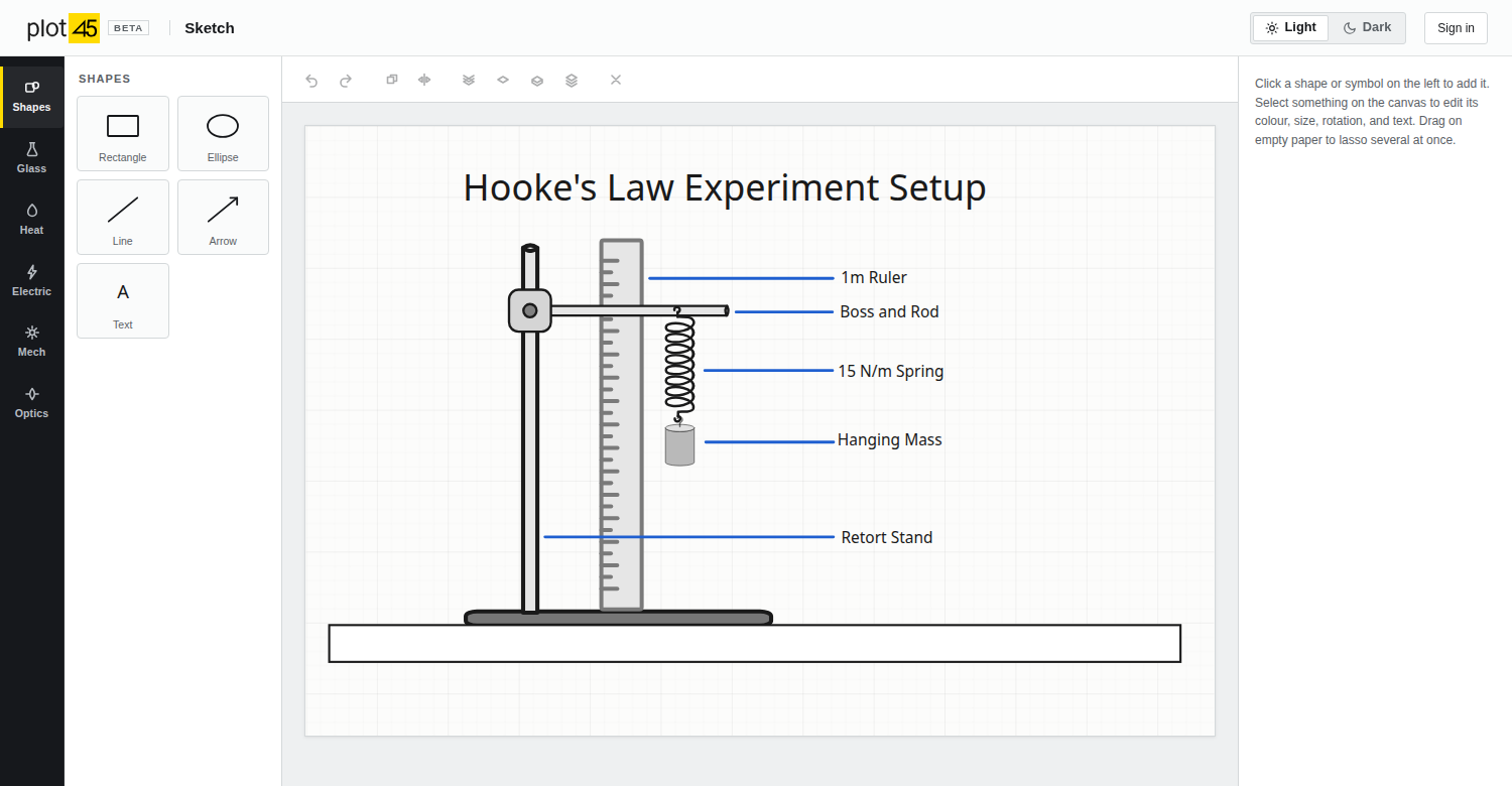 The Sketch room: the equipment palette on the left and a labelled Hooke's law setup — retort stand, ruler, spring and hanging mass — on the canvas.