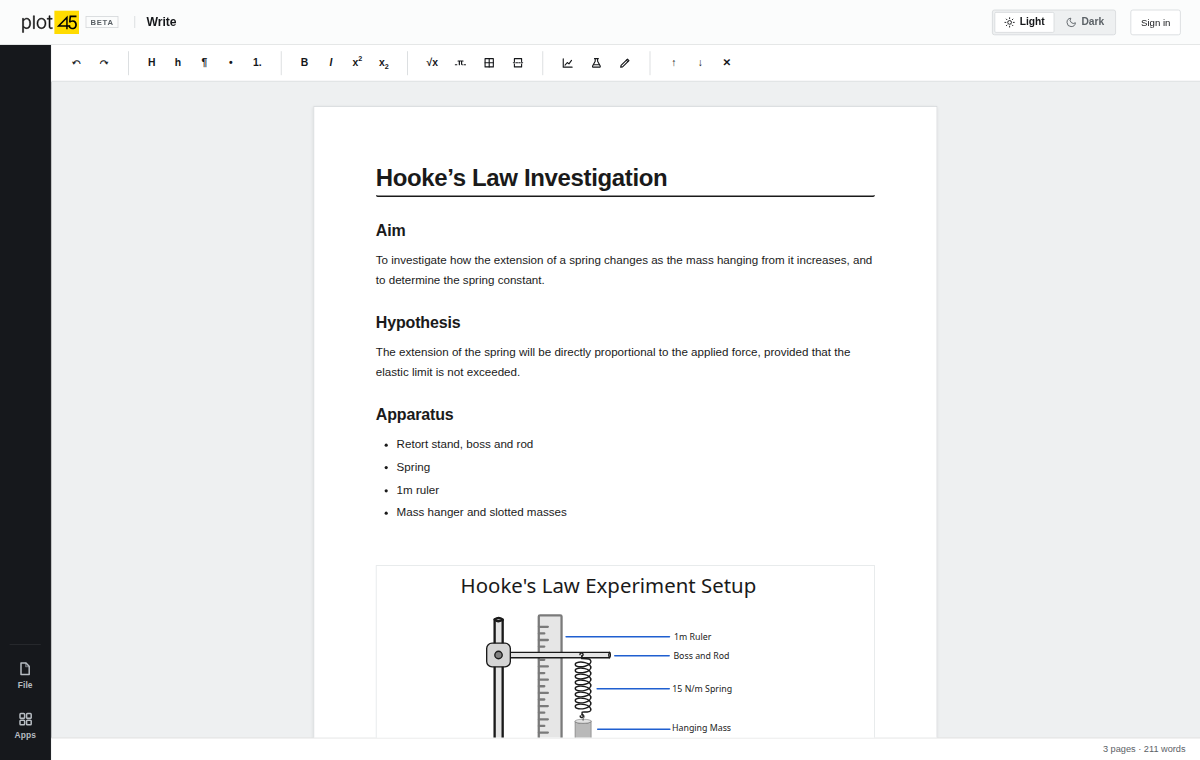 The Write room: a Hooke's Law report on an A4 page — aim, hypothesis, apparatus list, and the setup diagram inserted as a figure — with the formatting toolbar above.