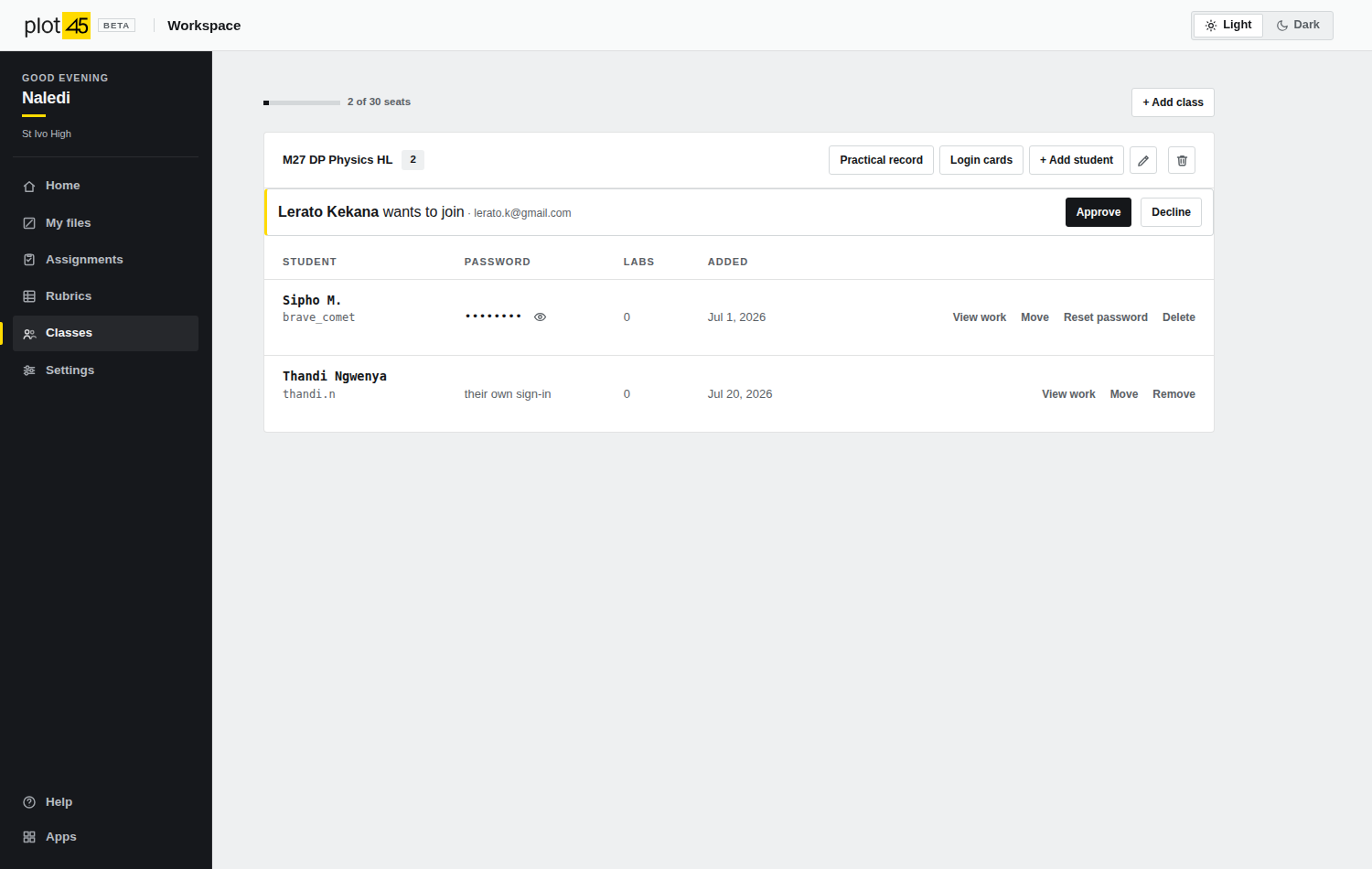 The Classes view: a class roster with usernames and passwords, a join request awaiting approval, and the practical record and login-cards buttons.