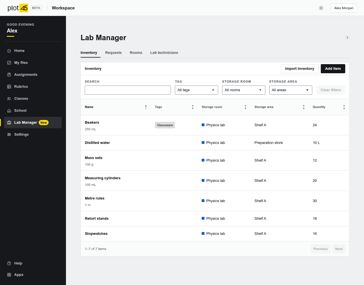 The Lab Manager catalogue with equipment, quantities, storage locations and coloured tags.