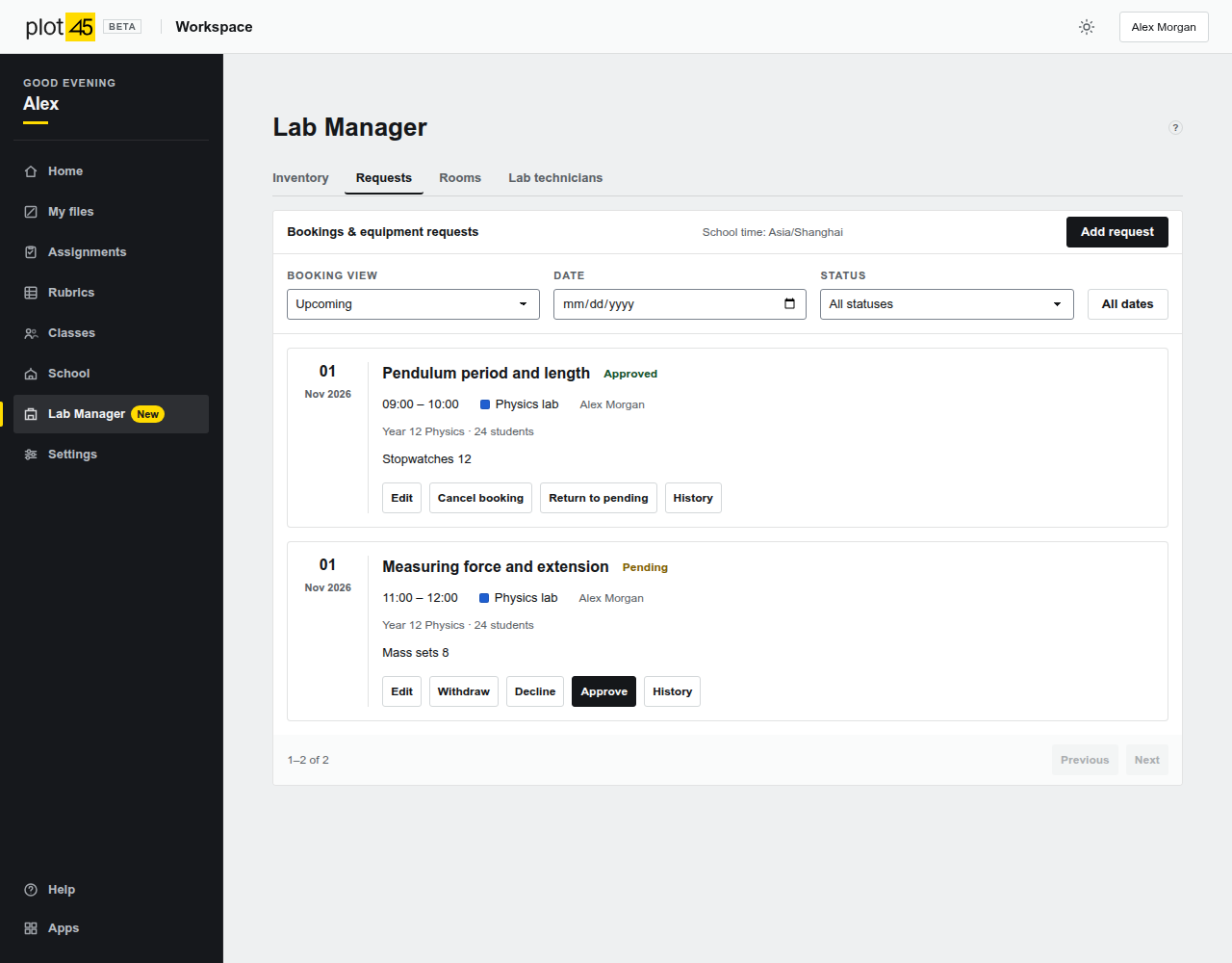 School booking requests with room markers, class details, exact equipment quantities and approval actions.
