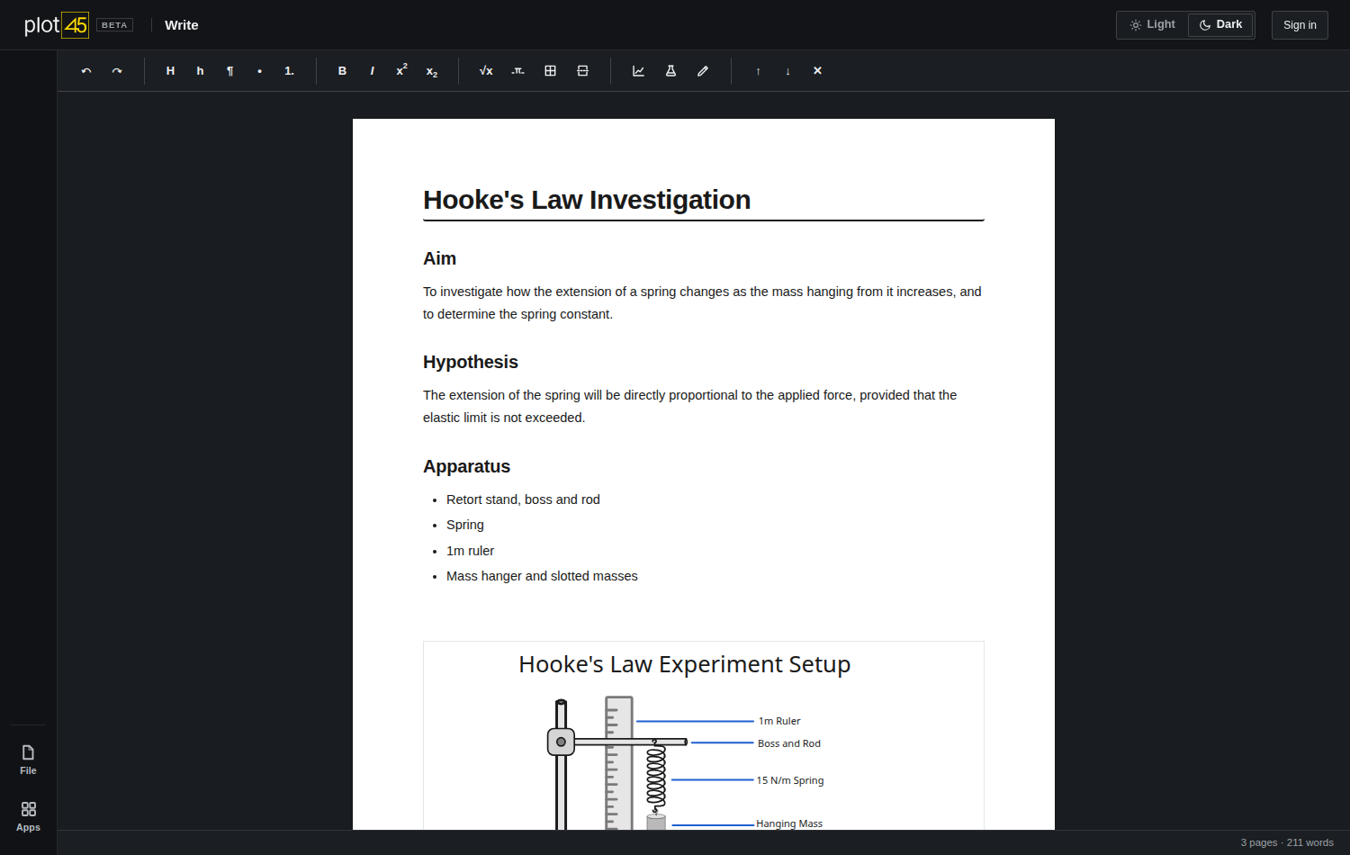 The Plot45 Write room: an A4 page titled 'Measuring g with a simple pendulum' with a heading, prose, an inserted graph figure and a data table.